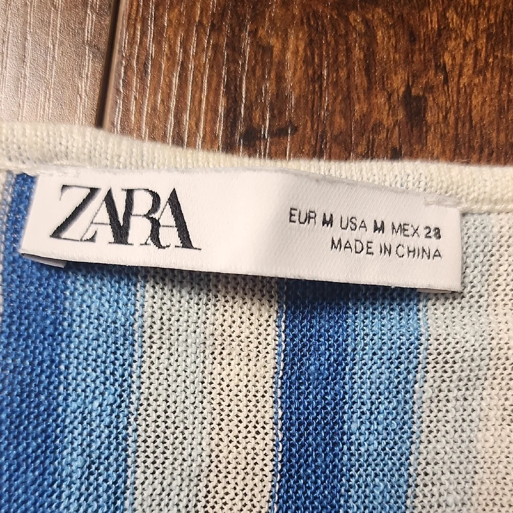ZARA | Linen Knit Striped V-Neck Tunic Dress Swim Cover Up Blue Cream Beach | M